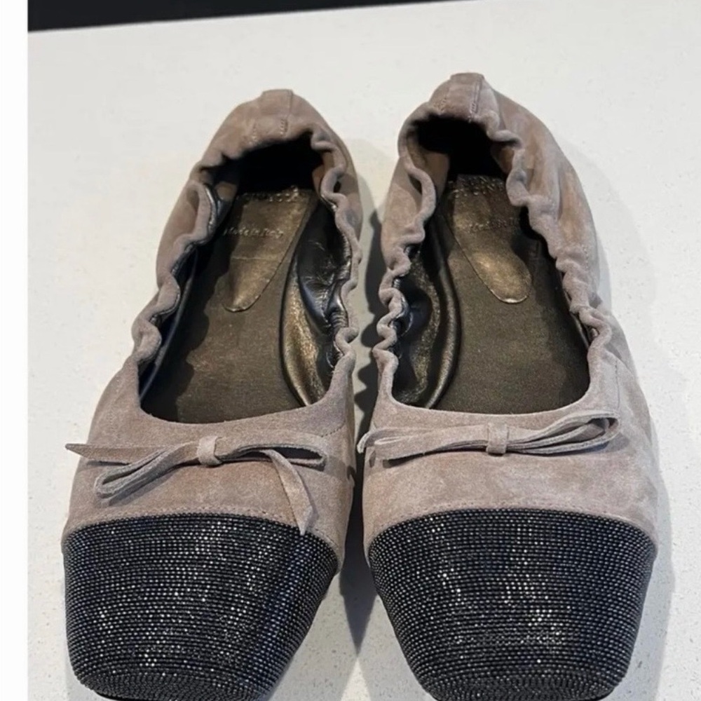 Brunello Cucinelli Suede Ballet Flats with Monili cap toe and bow Size 39.5 - Picture 4 of 12